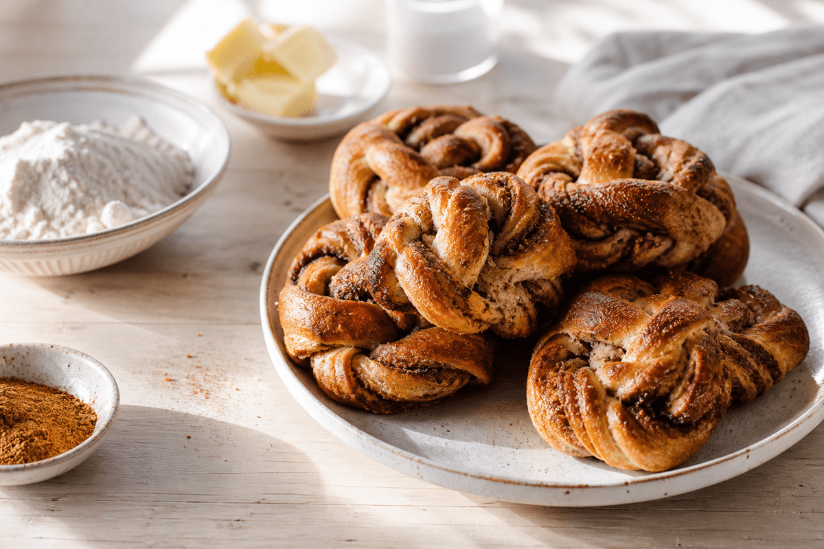 Kanelsnurrer anrettet i Madblikkets lyse nordiske billedstil med rettens vigtigste råvarer tydeligt synlige