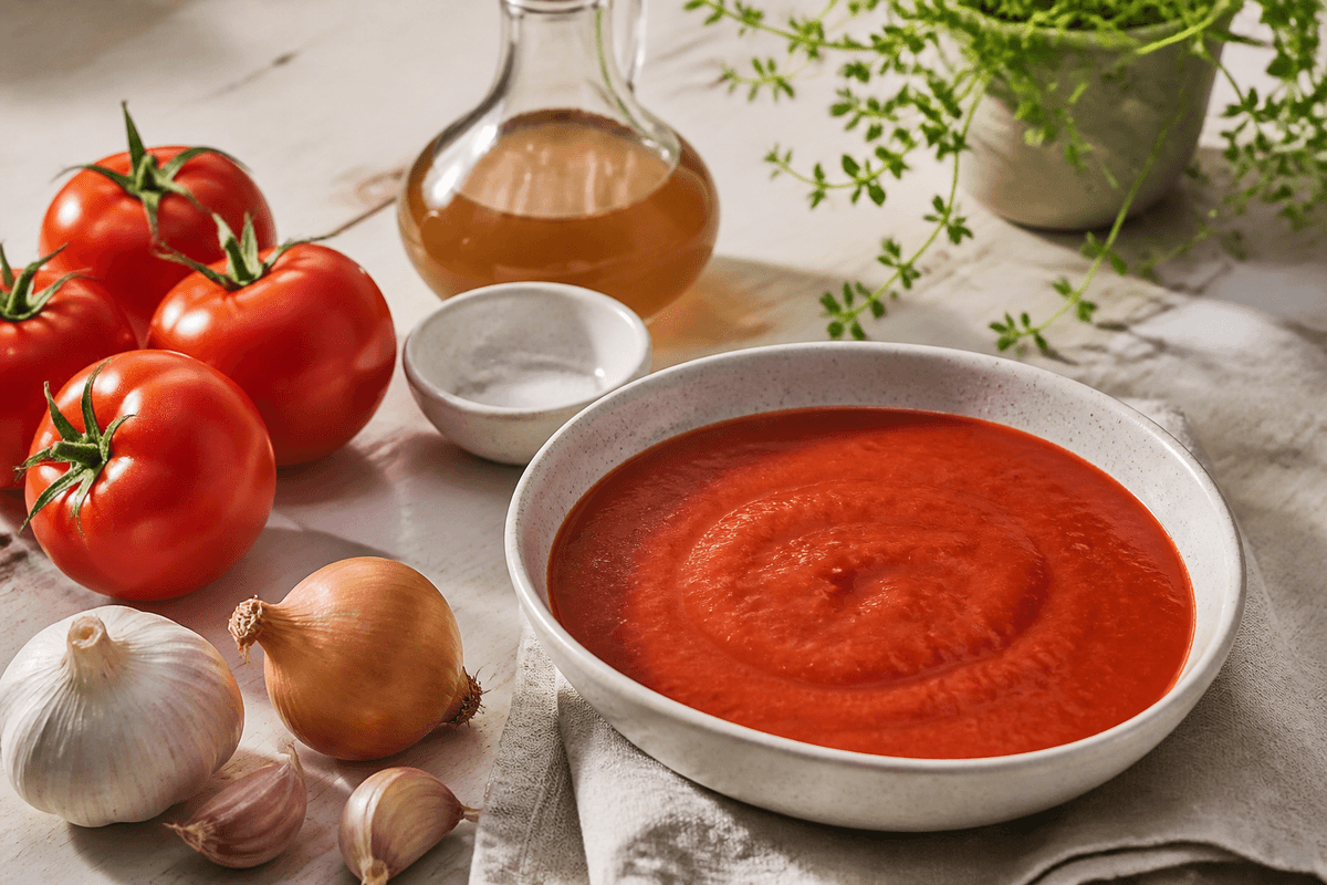 Tomatsauce på 5 min anrettet i Madblikkets lyse nordiske billedstil med rettens vigtigste råvarer tydeligt synlige