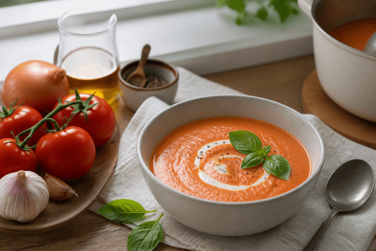 Tomatsuppe – klassisk og cremet anrettet i Madblikkets lyse nordiske billedstil med rettens vigtigste råvarer tydeligt synlige