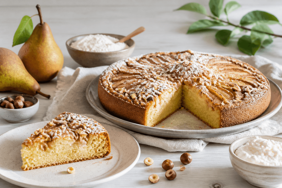 Pærekage med ricotta og hasselnødder anrettet i Madblikkets lyse nordiske billedstil med rettens vigtigste råvarer tydeligt synlige