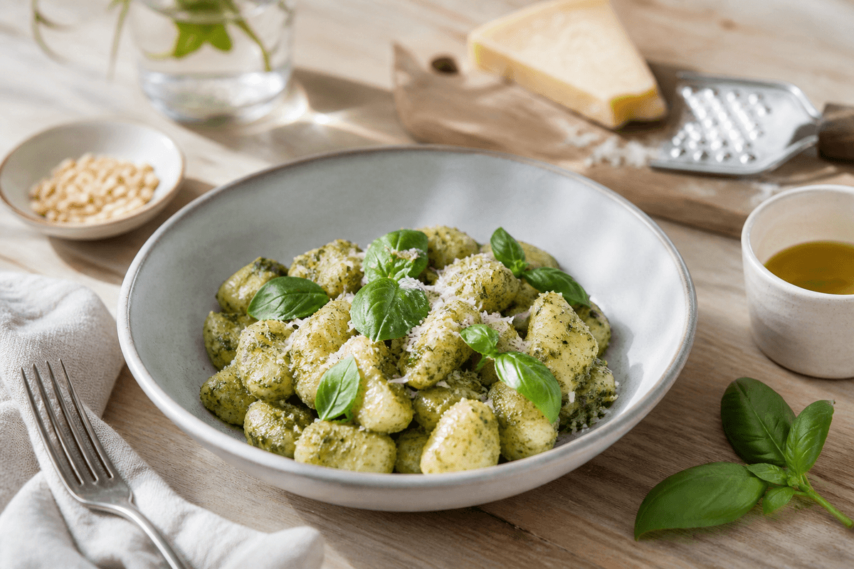 Gnocchi med pesto og parmesan anrettet i Madblikkets lyse nordiske billedstil med rettens vigtigste råvarer tydeligt synlige