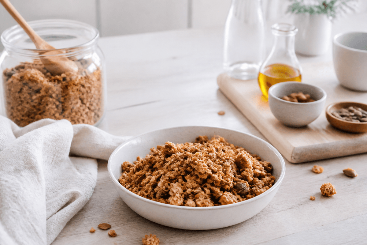 Sprød granola – god basisopskrift! anrettet i Madblikkets lyse nordiske billedstil med rettens vigtigste råvarer tydeligt synlige