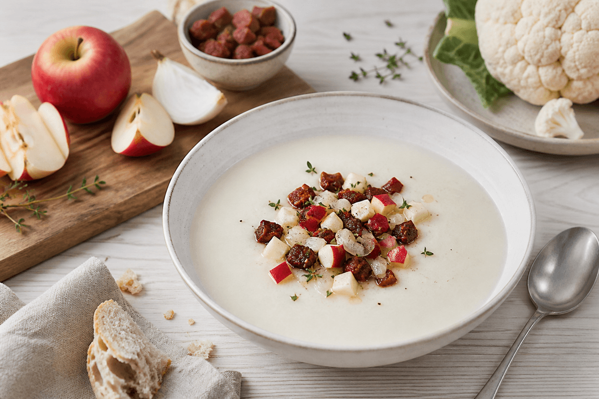Blomkålssuppe med æble- og chorizoknas anrettet i Madblikkets lyse nordiske billedstil med rettens vigtigste råvarer tydeligt synlige
