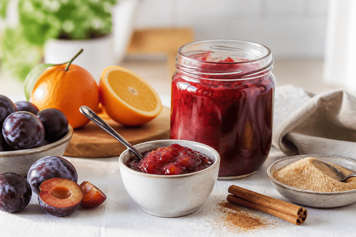 Krydret blommemarmelade med appelsin og kanel anrettet i Madblikkets lyse nordiske billedstil med rettens vigtigste råvarer tydeligt synlige
