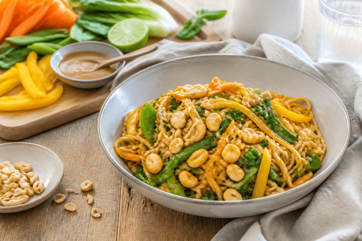 Wok med nudler, friske grøntsager og peanutdressing anrettet i Madblikkets lyse nordiske billedstil med rettens vigtigste råvarer tydeligt synlige