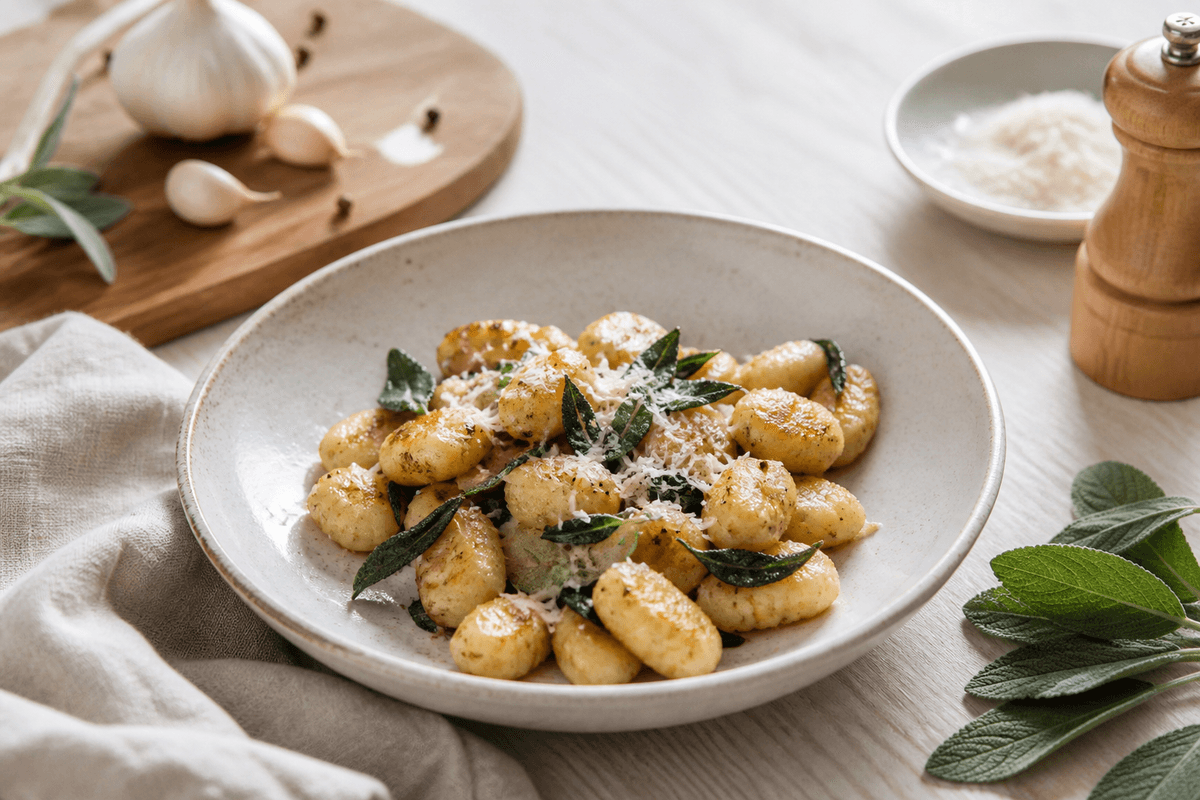 gnocchi med salvie og brunet smør anrettet i Madblikkets lyse nordiske billedstil med rettens vigtigste råvarer tydeligt synlige