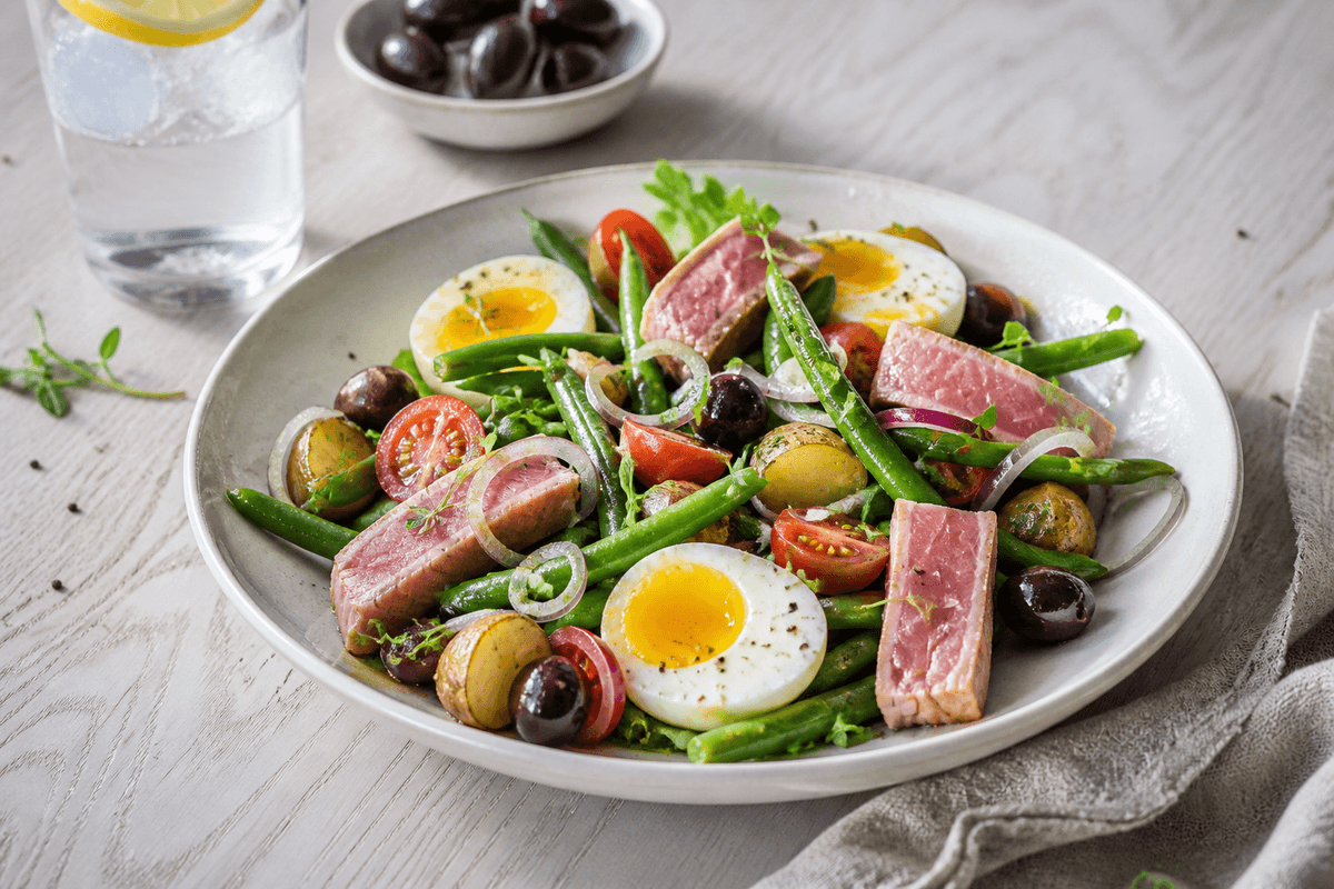 Salade Nicoise anrettet i Madblikkets lyse nordiske billedstil med rettens vigtigste råvarer tydeligt synlige