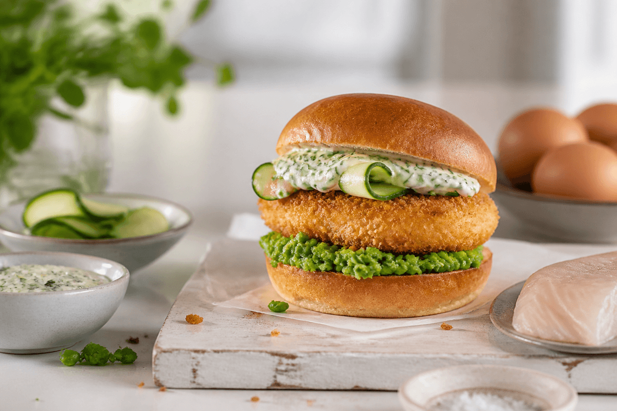 Crispy fiskeburger med tartarsauce anrettet i Madblikkets lyse nordiske billedstil med rettens vigtigste råvarer tydeligt synlige
