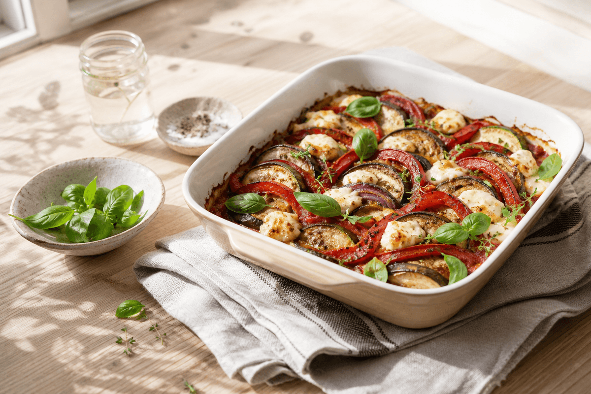 Ratatouille med mozzarella anrettet i Madblikkets lyse nordiske billedstil med rettens vigtigste råvarer tydeligt synlige
