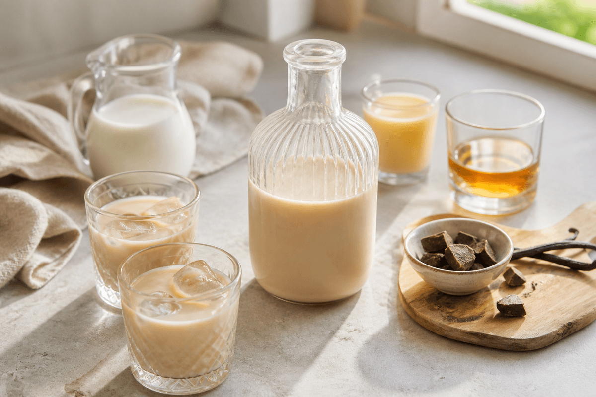 Hjemmelavet Baileys anrettet i Madblikkets lyse nordiske billedstil med rettens vigtigste råvarer tydeligt synlige