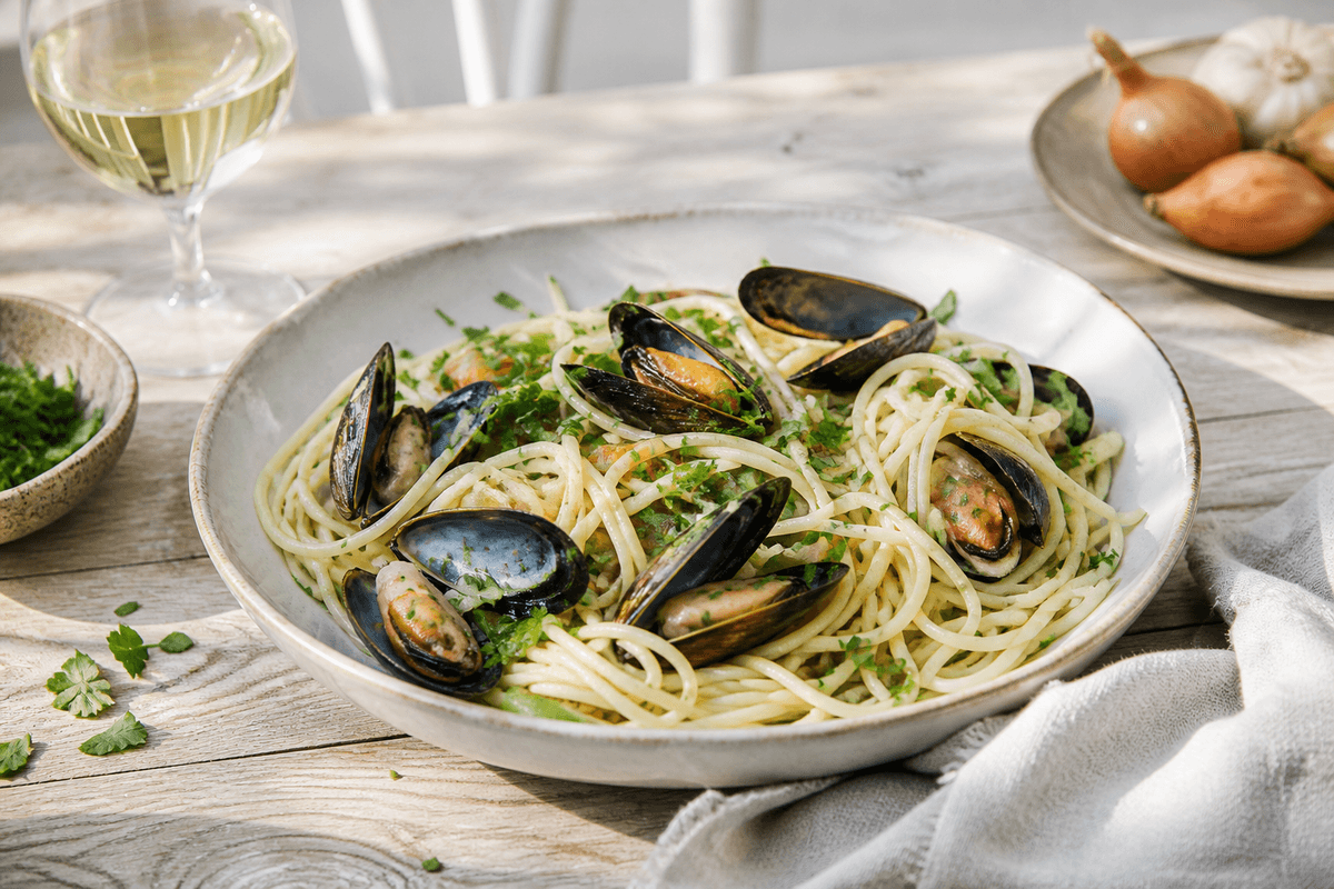 Pasta med muslinger anrettet i Madblikkets lyse nordiske billedstil med rettens vigtigste råvarer tydeligt synlige