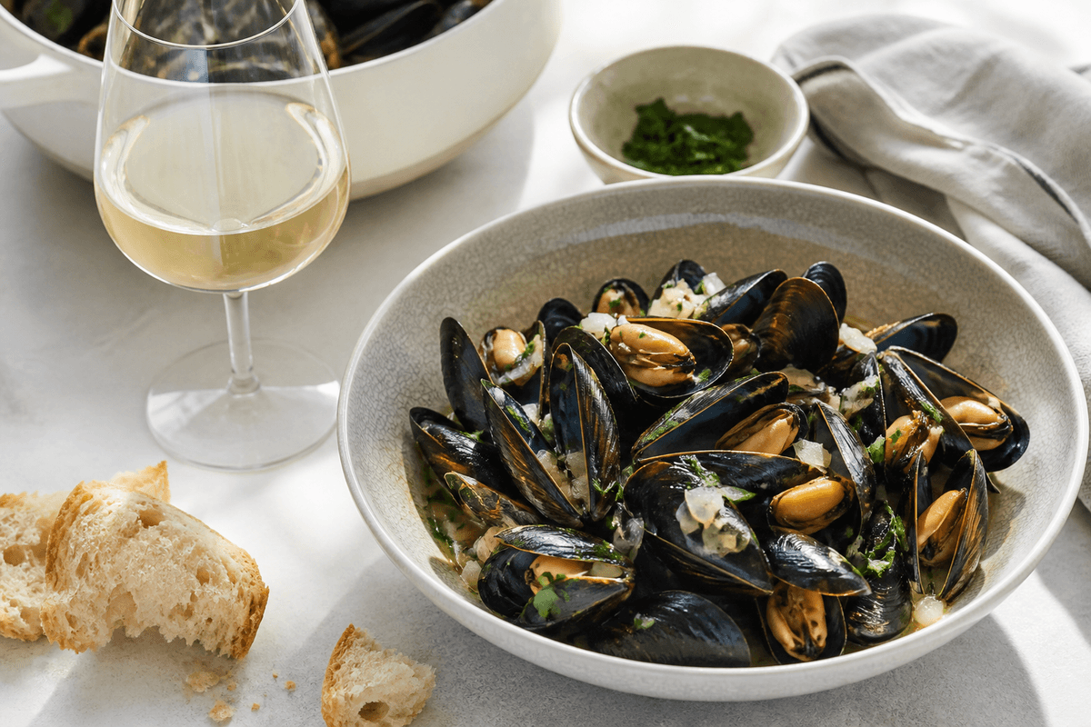 Dampede muslinger: Moules marinières anrettet i Madblikkets lyse nordiske billedstil med rettens vigtigste råvarer tydeligt synlige