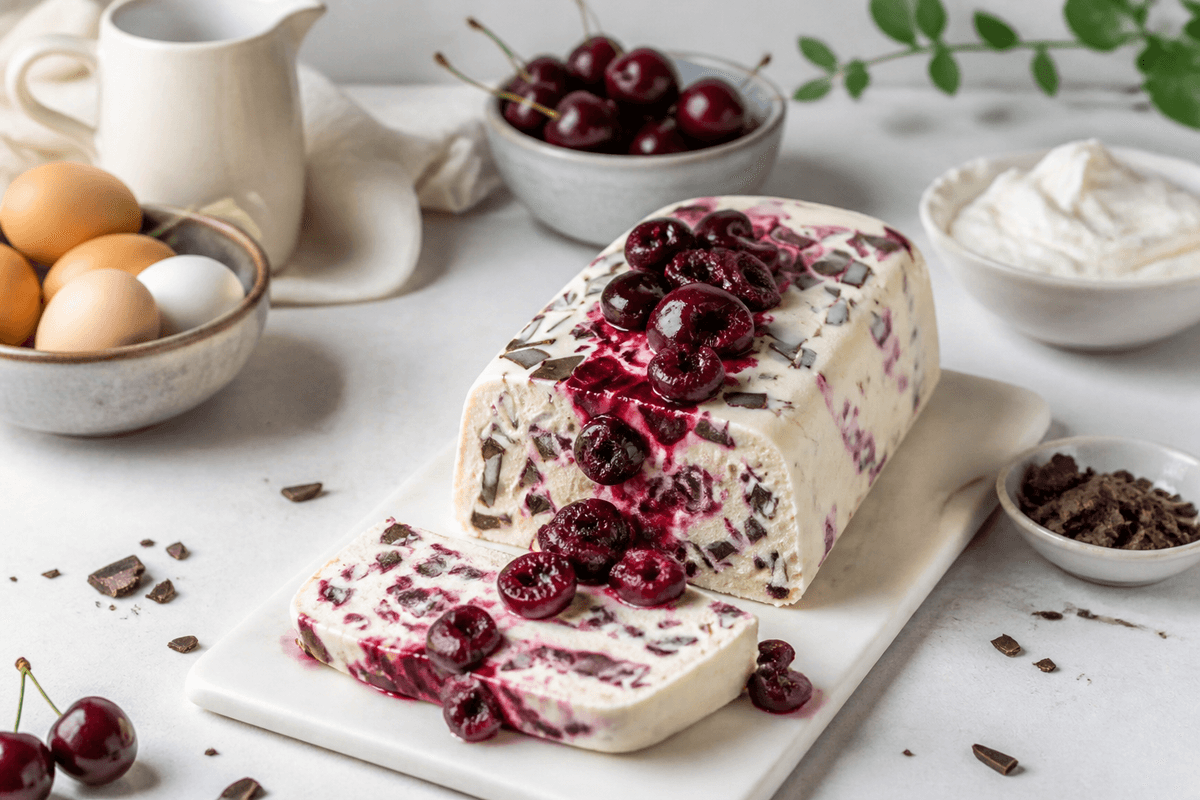 Semifreddo med chokolade og kirsebær anrettet i Madblikkets lyse nordiske billedstil med rettens vigtigste råvarer tydeligt synlige
