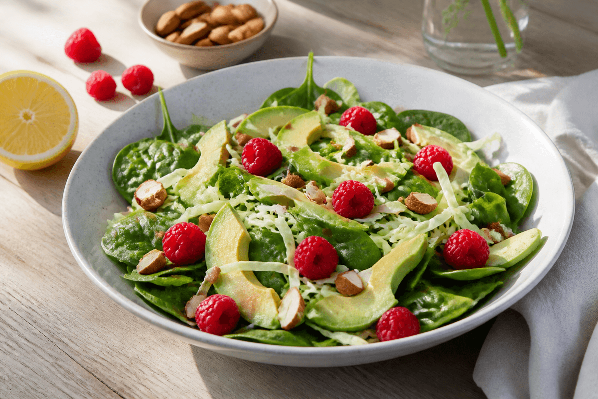 Salat med hindbær, avocado og spidskål anrettet i Madblikkets lyse nordiske billedstil med rettens vigtigste råvarer tydeligt synlige