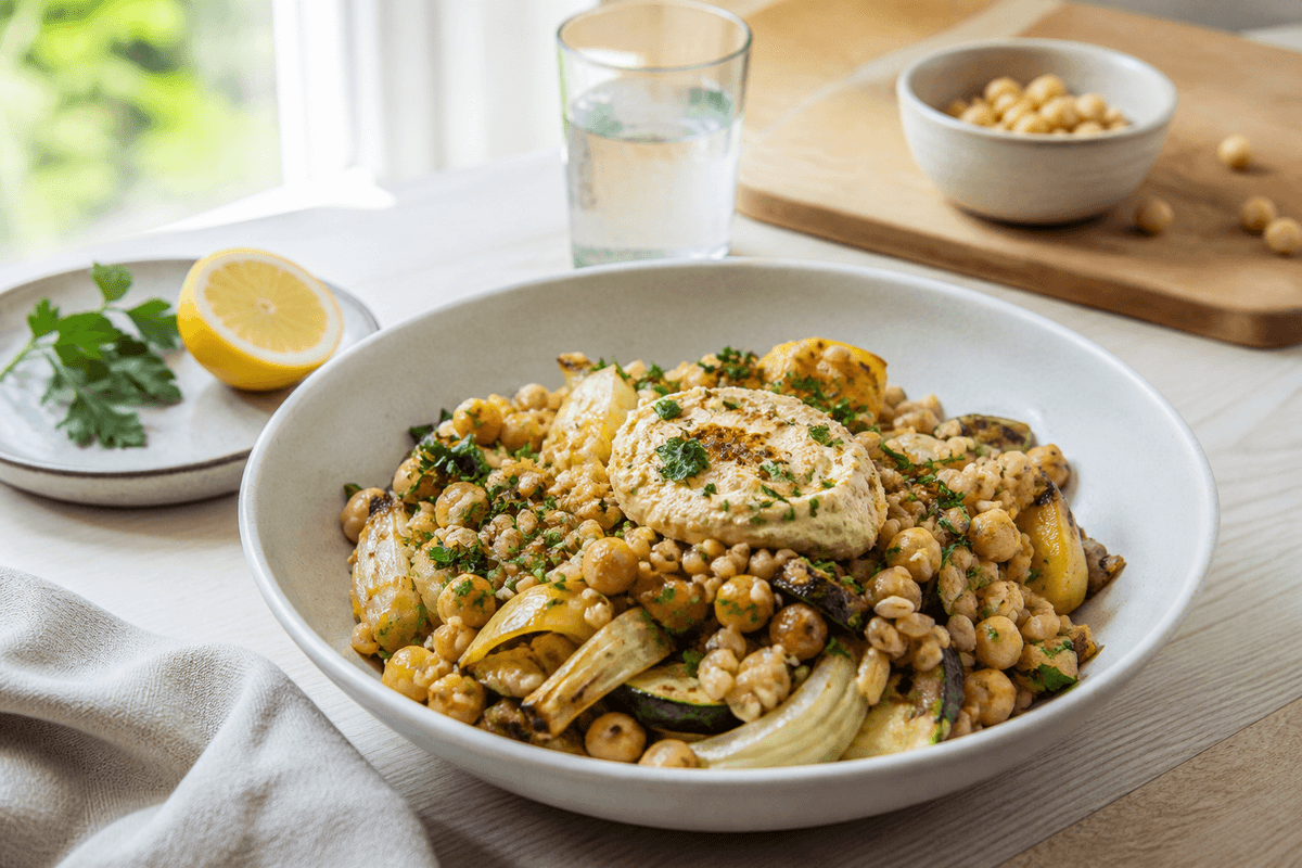 Lun perlespelt salat med grillede grøntsager og hummus anrettet i Madblikkets lyse nordiske billedstil med rettens vigtigste råvarer tydeligt synlige