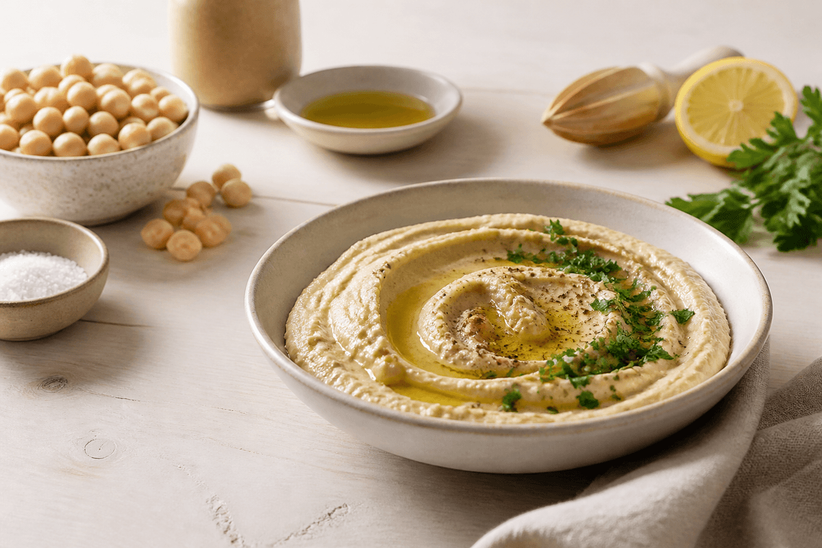 Hummus anrettet i Madblikkets lyse nordiske billedstil med rettens vigtigste råvarer tydeligt synlige
