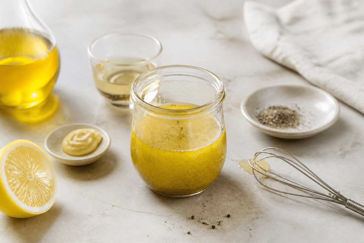 Vinaigrette anrettet i Madblikkets lyse nordiske billedstil med rettens vigtigste råvarer tydeligt synlige