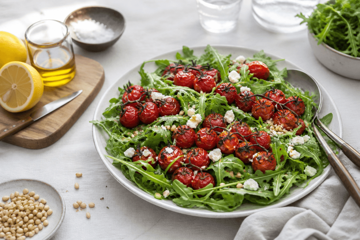 Rucolasalat med bagte cherrytomater anrettet i Madblikkets lyse nordiske billedstil med rettens vigtigste råvarer tydeligt synlige