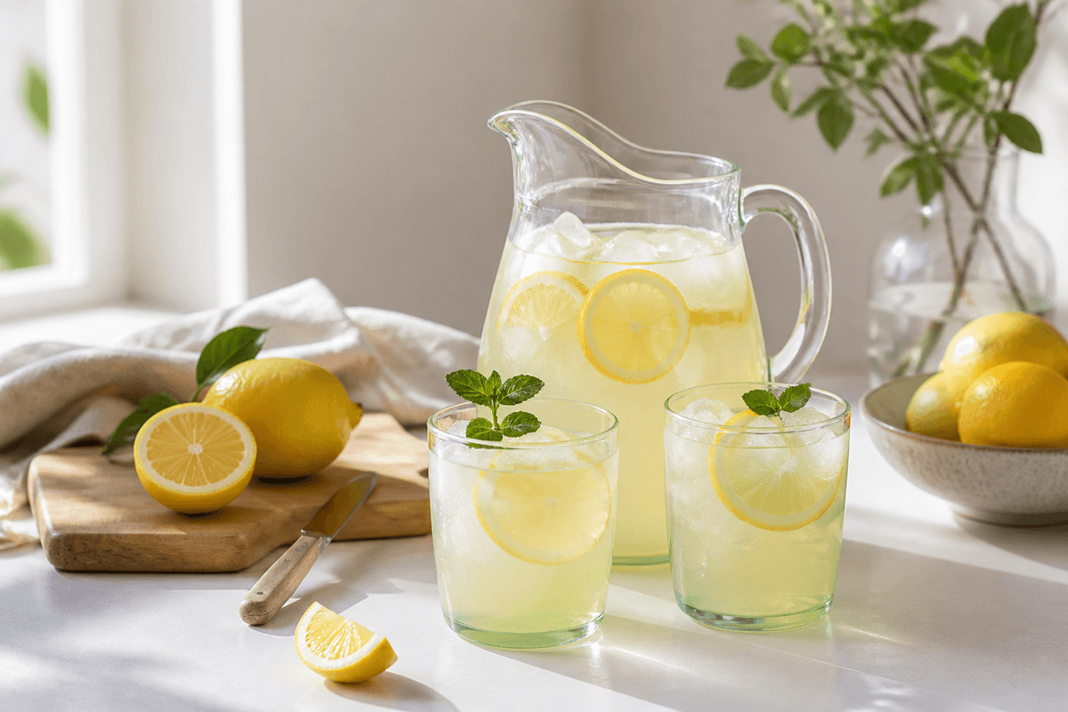 Lemonade med citron anrettet i Madblikkets lyse nordiske billedstil med rettens vigtigste råvarer tydeligt synlige