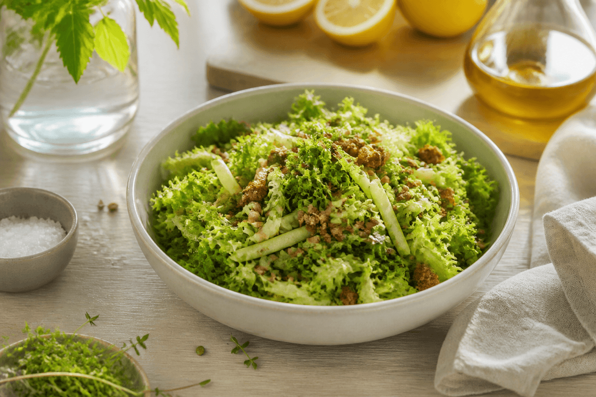 Grøn salat der passer til alt anrettet i Madblikkets lyse nordiske billedstil med rettens vigtigste råvarer tydeligt synlige