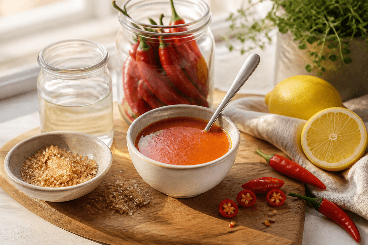 Chilisauce anrettet i Madblikkets lyse nordiske billedstil med rettens vigtigste råvarer tydeligt synlige