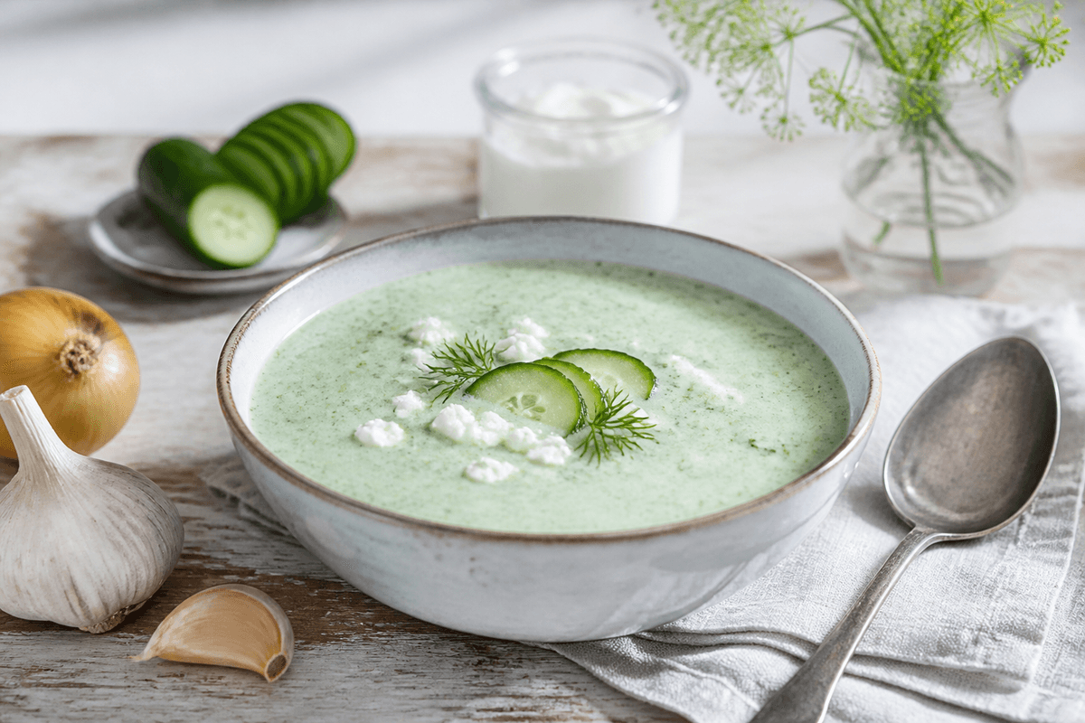 Kold agurkesuppe anrettet i Madblikkets lyse nordiske billedstil med rettens vigtigste råvarer tydeligt synlige