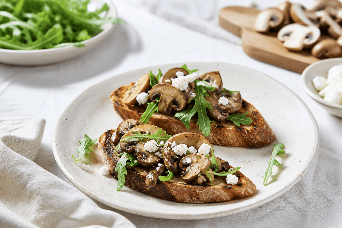 Bruschetta med svampe anrettet i Madblikkets lyse nordiske billedstil med rettens vigtigste råvarer tydeligt synlige