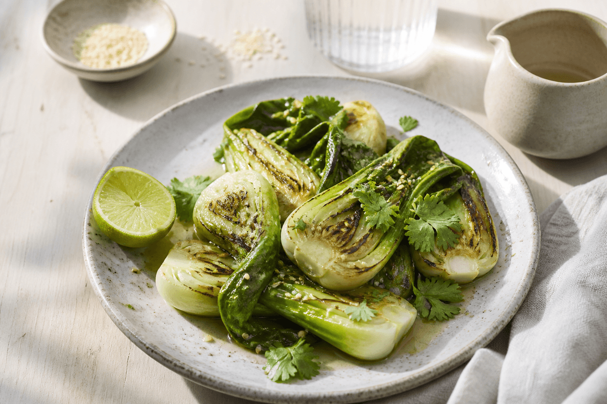 Stegt pak choi anrettet i Madblikkets lyse nordiske billedstil med rettens vigtigste råvarer tydeligt synlige