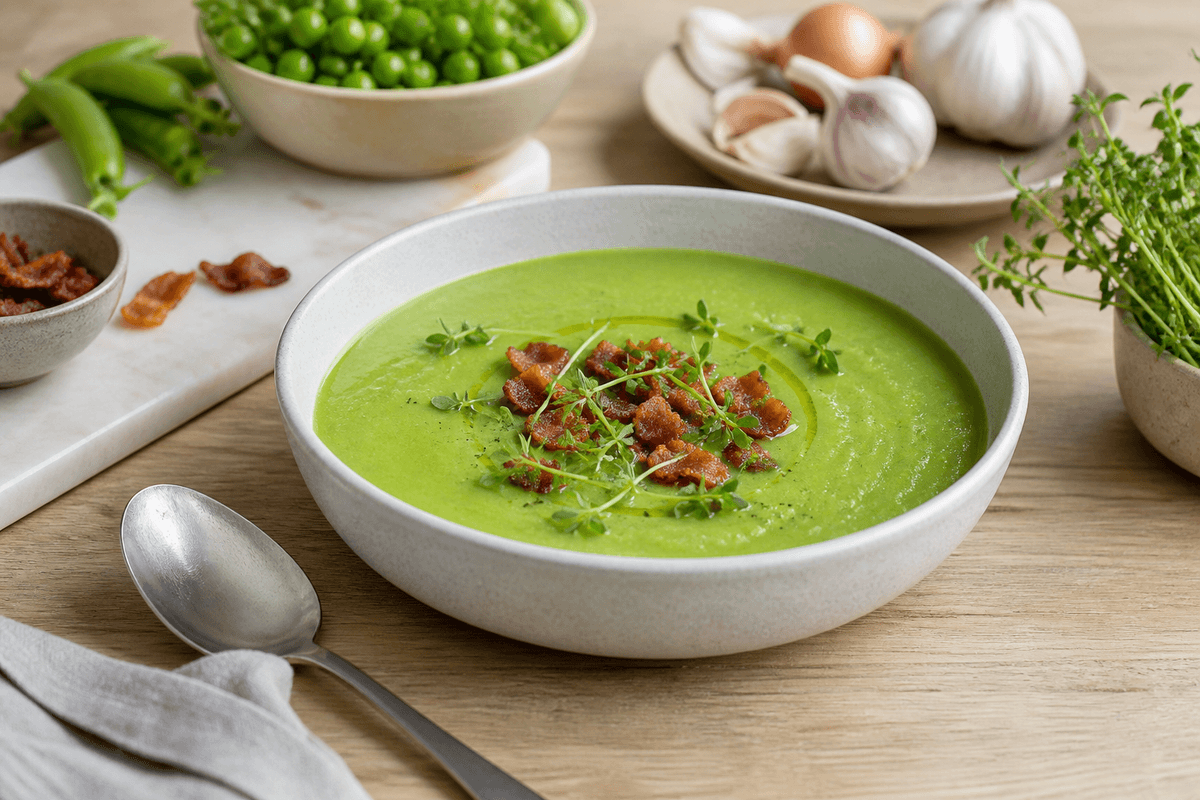 Ærtesuppe med baconknas anrettet i Madblikkets lyse nordiske billedstil med rettens vigtigste råvarer tydeligt synlige