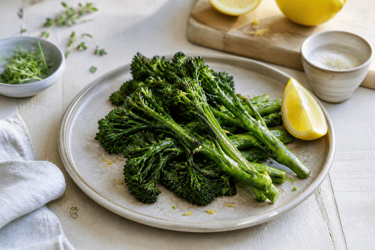 Stegt aspargesbroccoli anrettet i Madblikkets lyse nordiske billedstil med rettens vigtigste råvarer tydeligt synlige