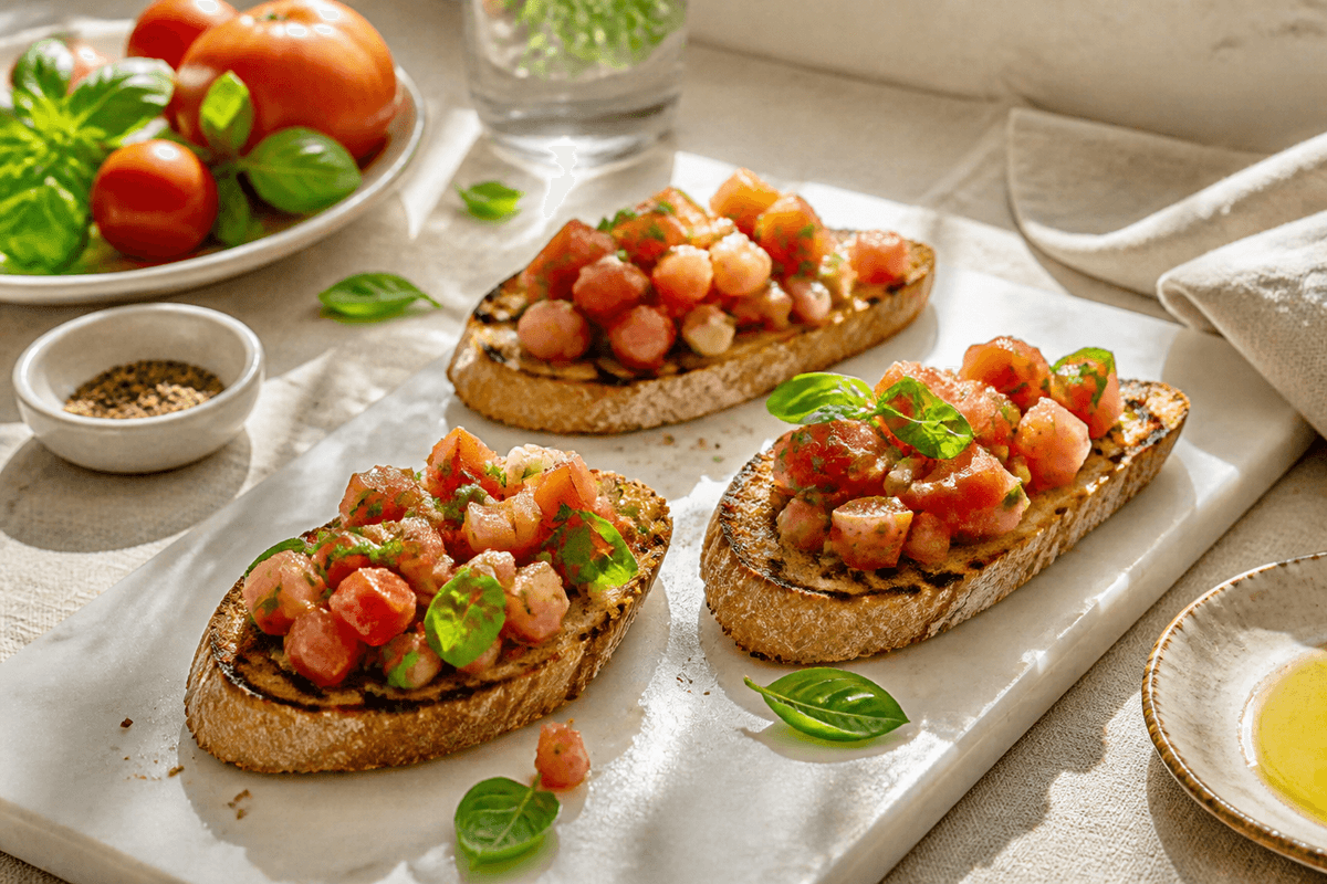 Bruschetta med tomat og basilikum anrettet i Madblikkets lyse nordiske billedstil med rettens vigtigste råvarer tydeligt synlige