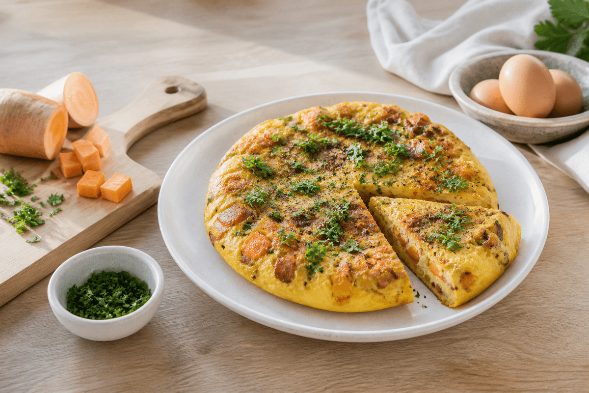 Spansk tortilla med sød kartoffel og bacon anrettet i Madblikkets lyse nordiske billedstil med rettens vigtigste råvarer tydeligt synlige