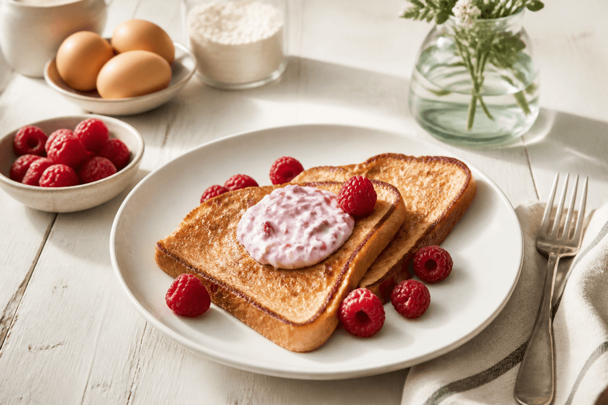 Arme riddere – french toast med hindbærcreme anrettet i Madblikkets lyse nordiske billedstil med rettens vigtigste råvarer tydeligt synlige