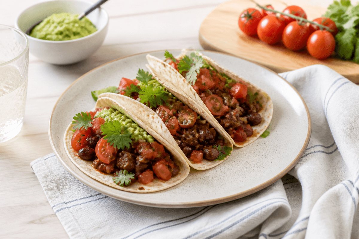 Tacos med oksekød anrettet i Madblikkets lyse nordiske billedstil med rettens vigtigste råvarer tydeligt synlige