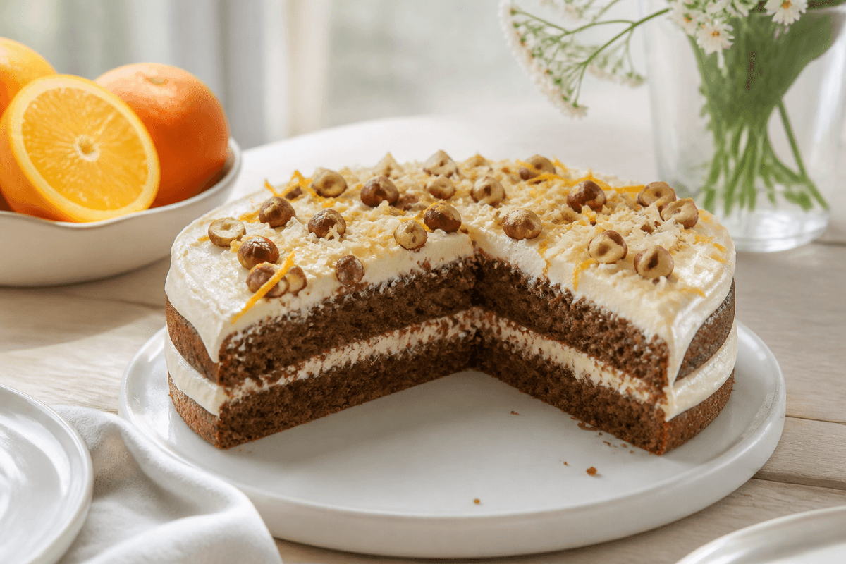 Påskekage – rugbrødslagkage med appelsin og hvid chokolade anrettet i Madblikkets lyse nordiske billedstil med rettens vigtigste råvarer tydeligt synlige