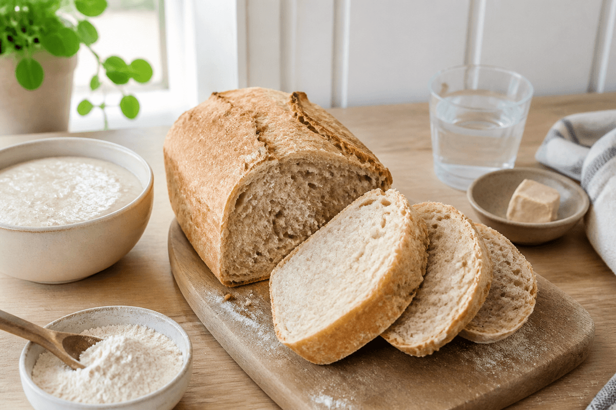 Toastbrød – bagt med surdej anrettet i Madblikkets lyse nordiske billedstil med rettens vigtigste råvarer tydeligt synlige