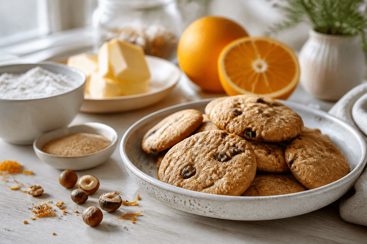 Cookies med nødder og appelsin anrettet i Madblikkets lyse nordiske billedstil med rettens vigtigste råvarer tydeligt synlige