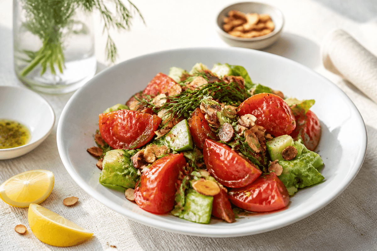 Salat med bagte tomater og ristede mandler anrettet i Madblikkets lyse nordiske billedstil med rettens vigtigste råvarer tydeligt synlige