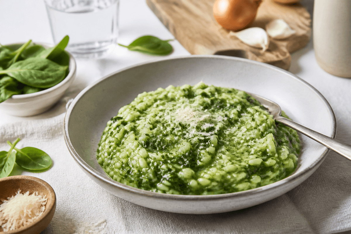 Risotto med spinat anrettet i Madblikkets lyse nordiske billedstil med rettens vigtigste råvarer tydeligt synlige