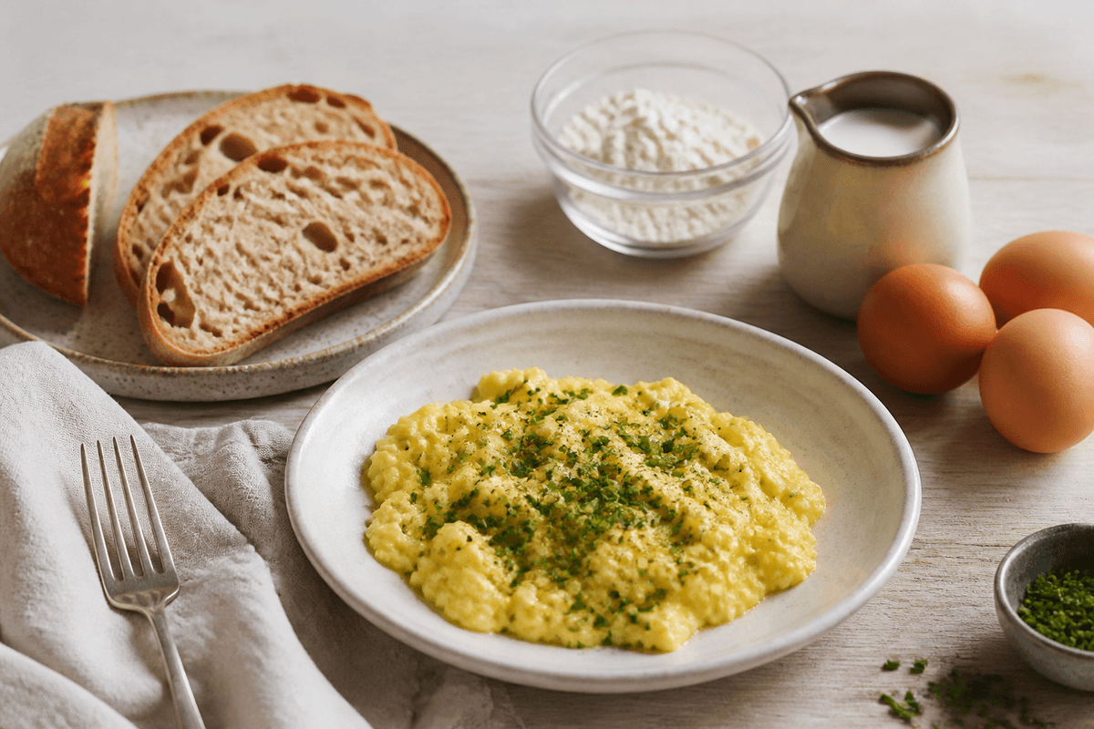 De perfekte scrambled eggs – røræg anrettet i Madblikkets lyse nordiske billedstil med rettens vigtigste råvarer tydeligt synlige