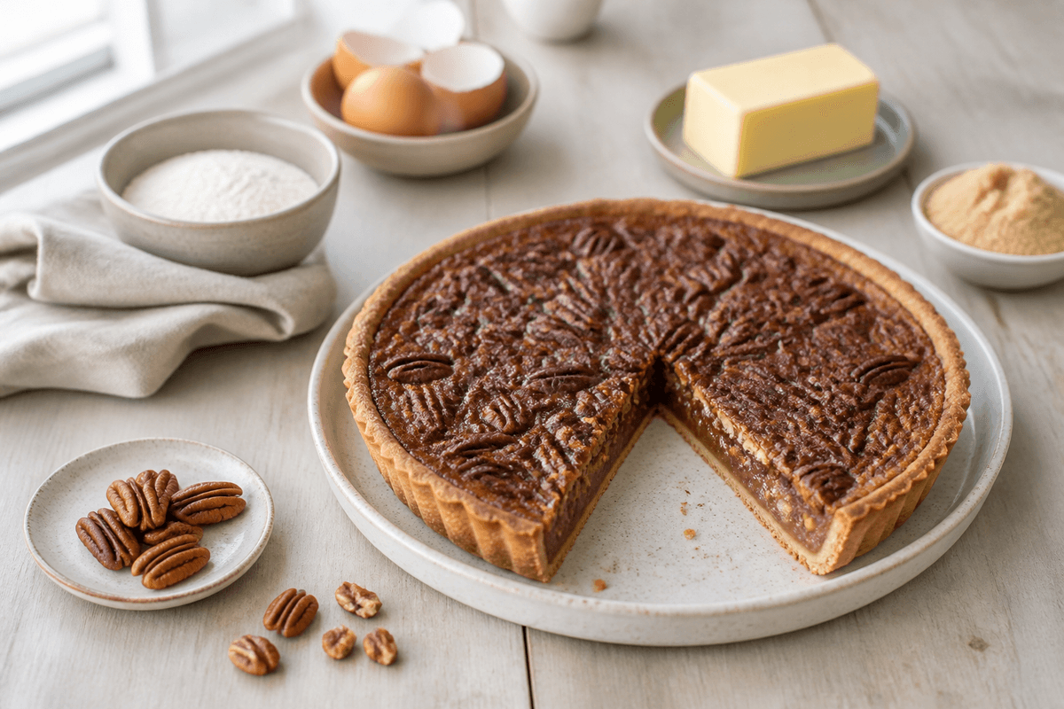 Pecan pie anrettet i Madblikkets lyse nordiske billedstil med rettens vigtigste råvarer tydeligt synlige