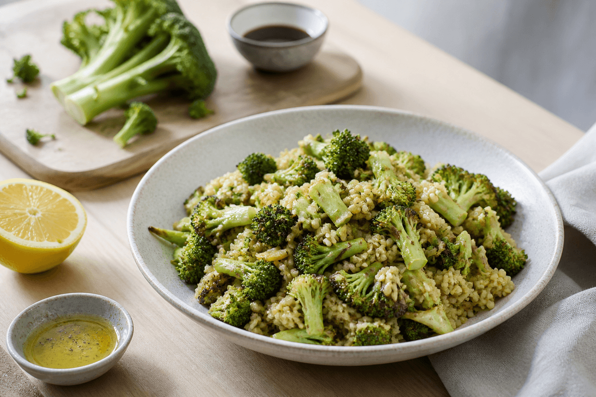 Salat med stegt broccolistok og brune ris i soyadressing anrettet i Madblikkets lyse nordiske billedstil med rettens vigtigste råvarer tydeligt synlige