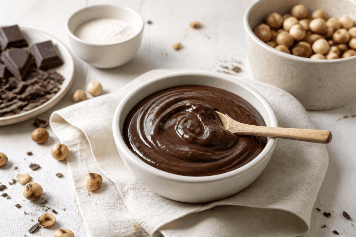 Hasselnøddesmør med chokolade anrettet i Madblikkets lyse nordiske billedstil med rettens vigtigste råvarer tydeligt synlige