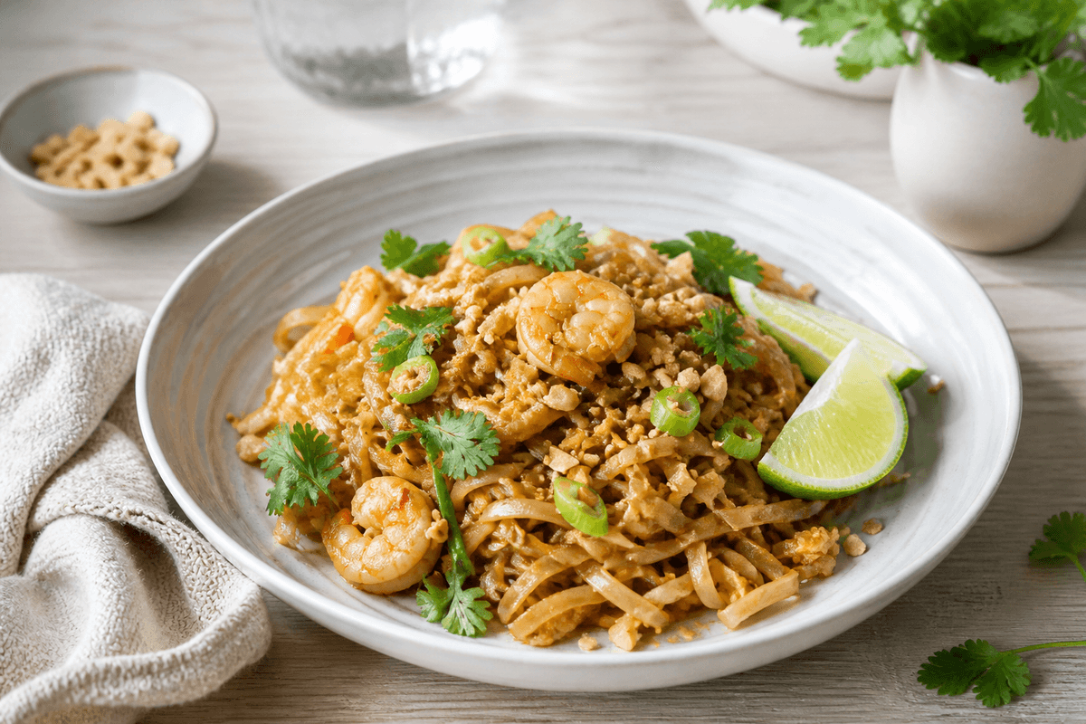 Pad Thai med rejer anrettet i Madblikkets lyse nordiske billedstil med rettens vigtigste råvarer tydeligt synlige