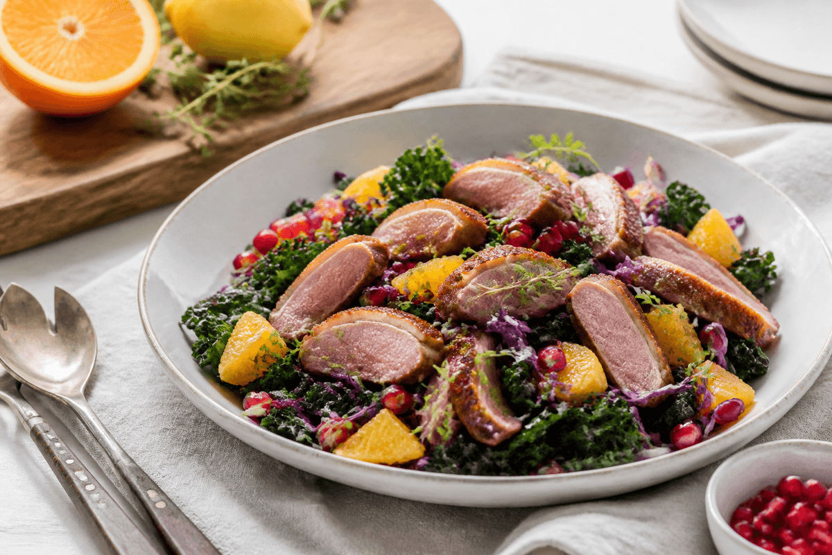 Salat med and og appelsin anrettet i Madblikkets lyse nordiske billedstil med rettens vigtigste råvarer tydeligt synlige