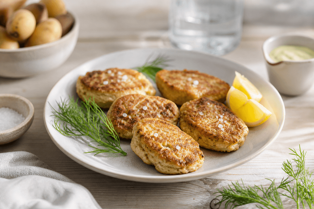 Fiskefrikadeller anrettet i Madblikkets lyse nordiske billedstil med rettens vigtigste råvarer tydeligt synlige
