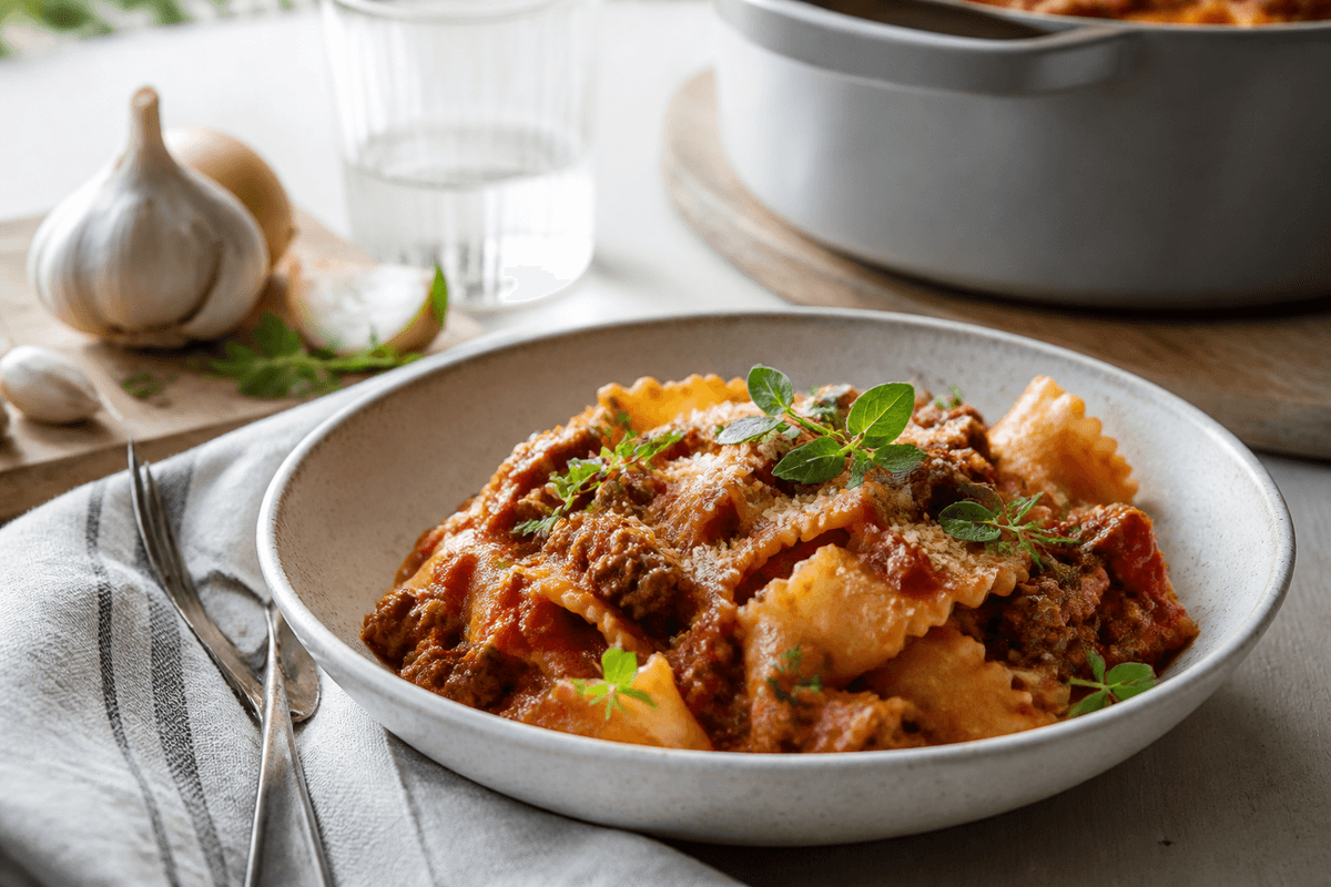 Pasta med hjemmelavet kødsauce anrettet i Madblikkets lyse nordiske billedstil med rettens vigtigste råvarer tydeligt synlige