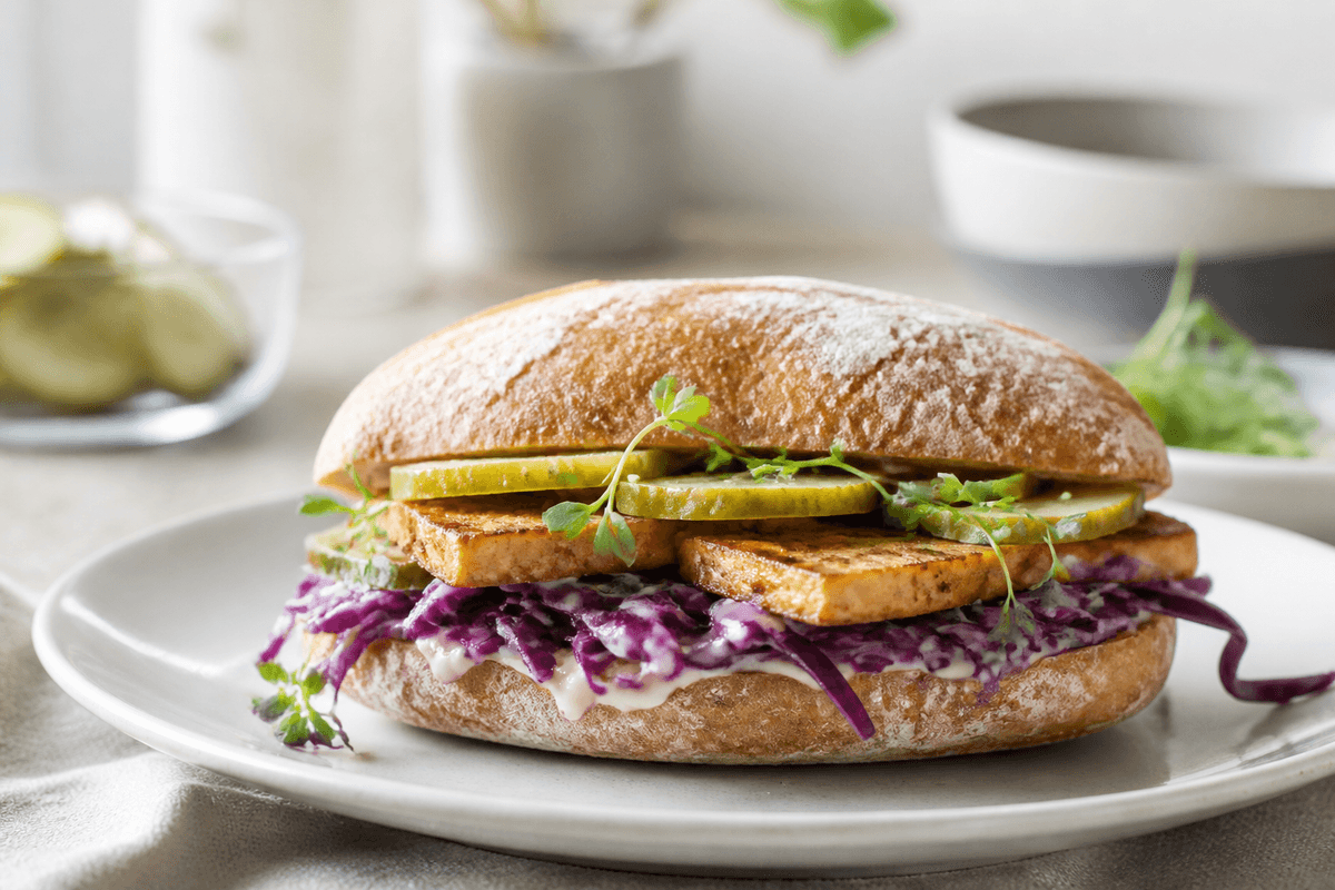 Flæskestegssandwich anrettet i Madblikkets lyse nordiske billedstil med rettens vigtigste råvarer tydeligt synlige