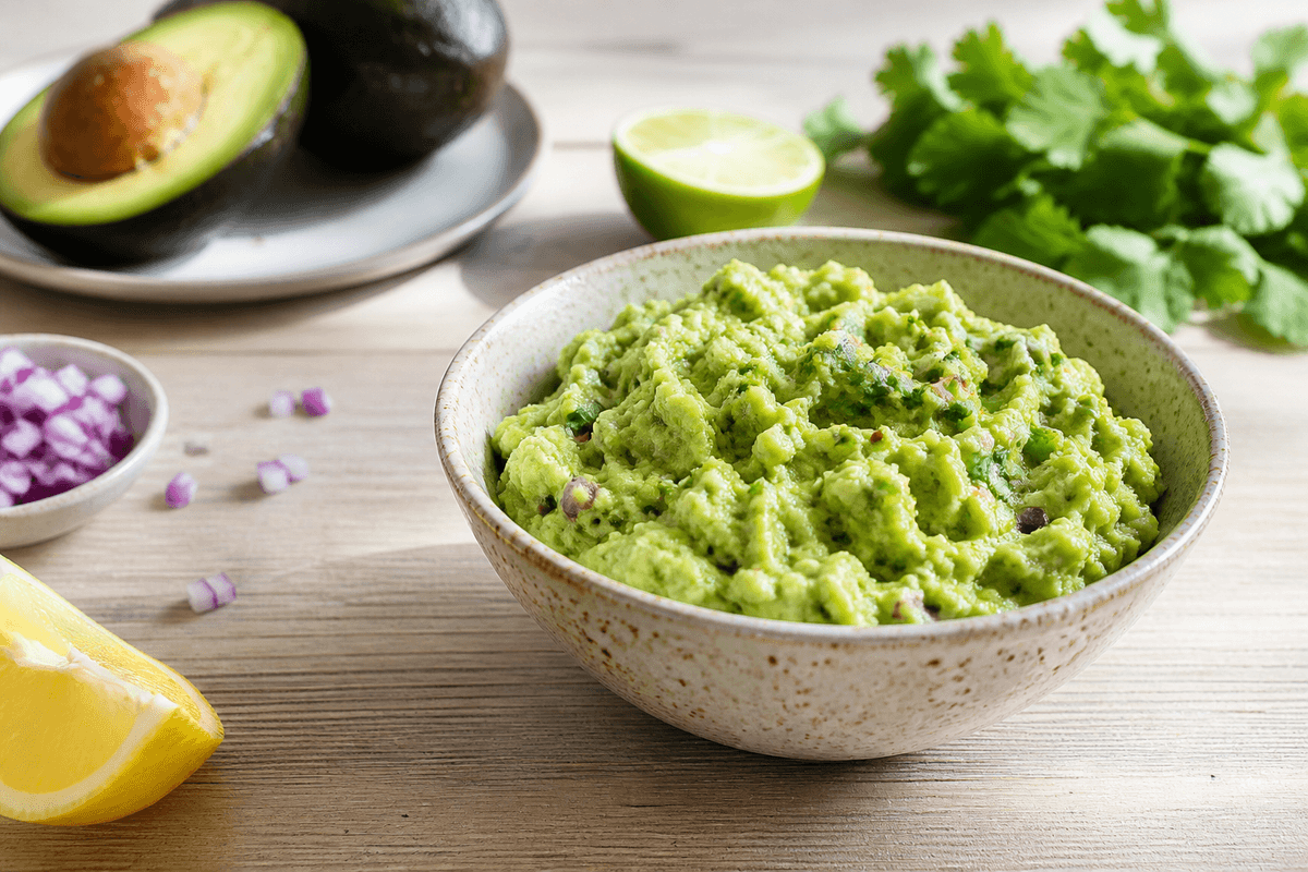 Guacamole anrettet i Madblikkets lyse nordiske billedstil med rettens vigtigste råvarer tydeligt synlige