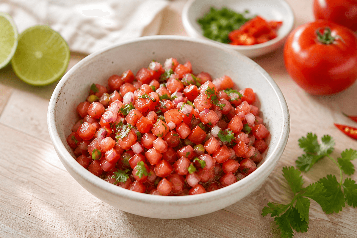 Hjemmelavet tomatsalsa anrettet i Madblikkets lyse nordiske billedstil med rettens vigtigste råvarer tydeligt synlige